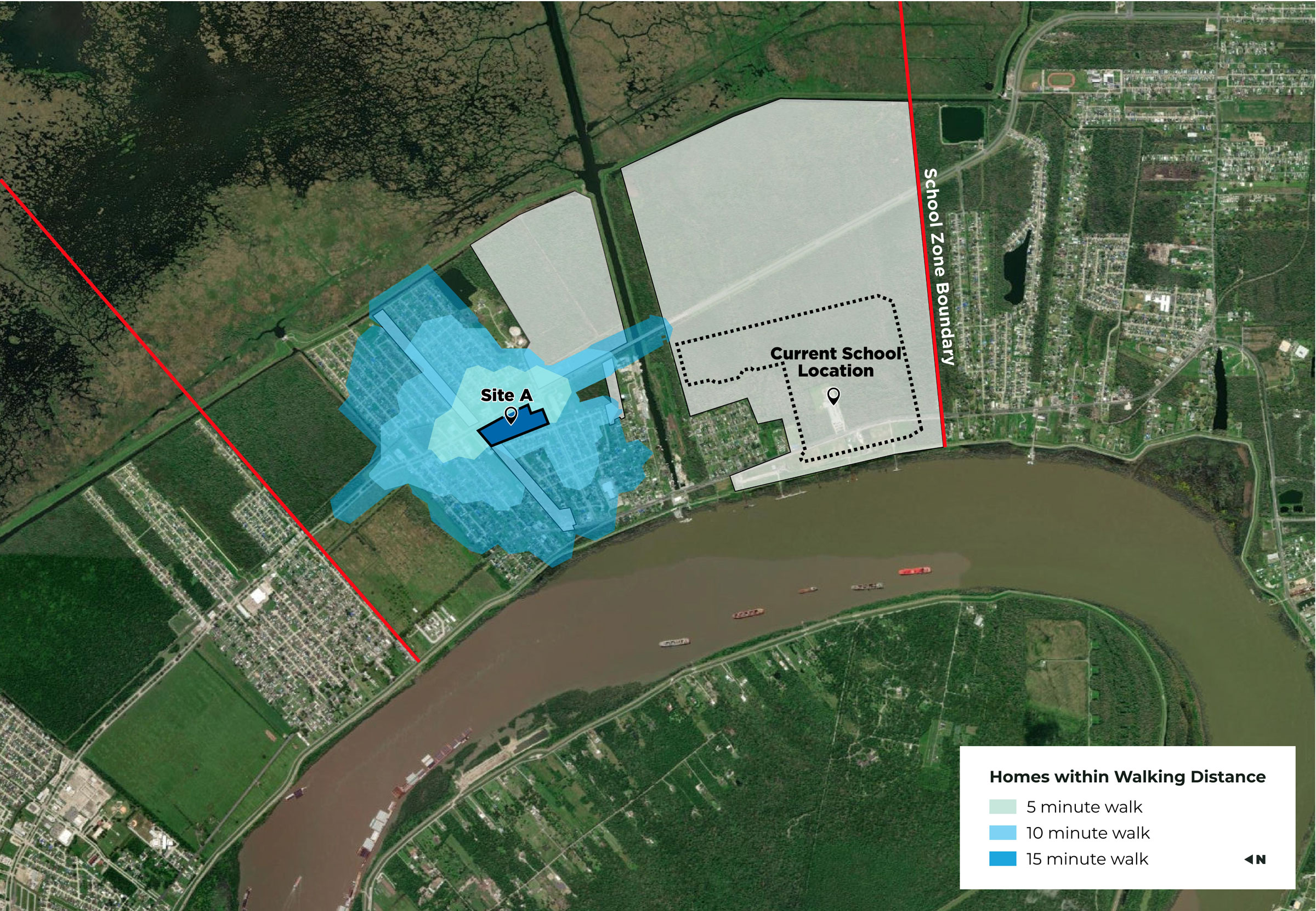 Map showing how many homes are within a 5, 10, or 15 minute walk from the  proposed new school Site A, which is at the Northeast corner of Judge Perez and Colonial Blvd location. Each time increment is shown with a blue area, a 5-minute walk being the lightest blue, and a 15-minute walk being the darkest blue. The majority of homes within the area of St. Bernard Hwy to the 40-Arpent Canal and Packenham Rd to Edgar Dr are within a 15-minute walk of Site A.